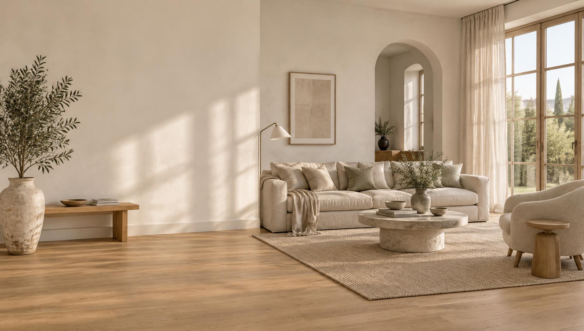 Bright Scandinavian living room with linen sofa and oak floors