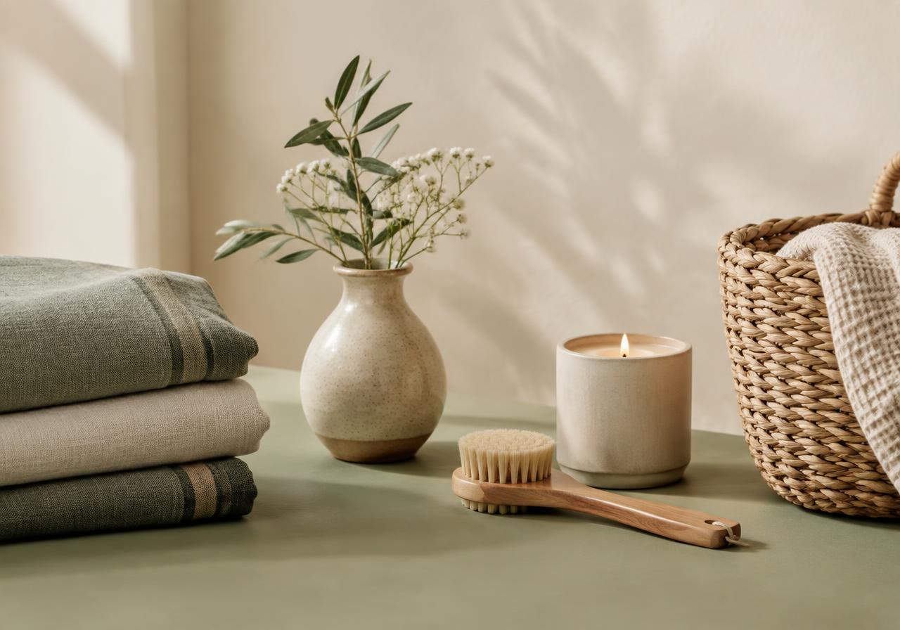 Linen towels, ceramic vase and candle on a sage surface